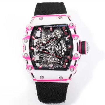 최고퀄 RM공장 리차드밀 수동 와인딩 투르비용 부바 왓슨 화이트/핑크 카본 케이스 블랙 스트랩 밴드 RM38-02