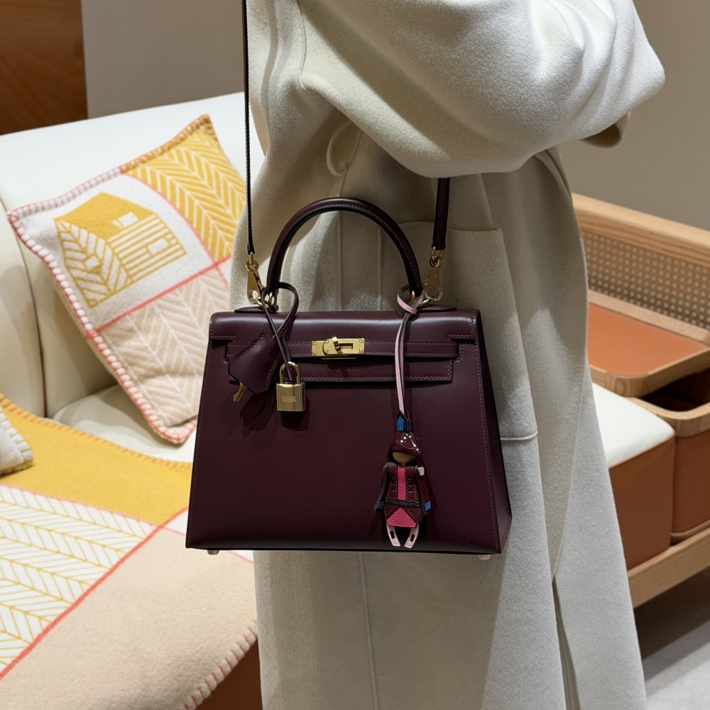 최고퀄 에르메스 올수공 켈리 25 Rouge Sellier 박스 가죽 금장