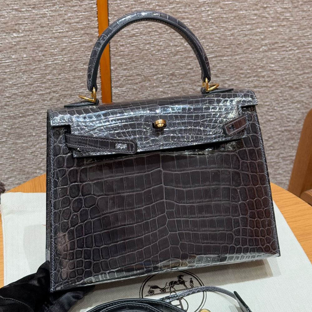 최고퀄 에르메스 올수공 켈리 25 Graphite 악어 가죽 금장