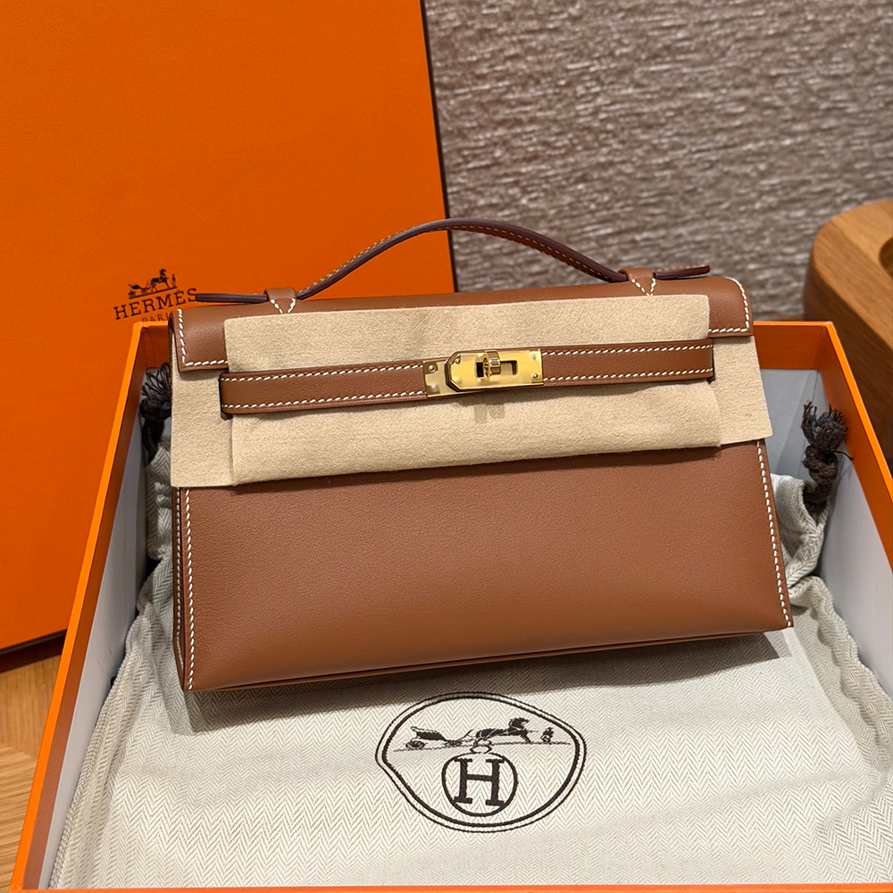 최고퀄 에르메스 올수공 켈리 포쉐트 골드 브라운 스위프트 가죽 금장
