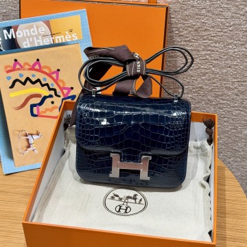 최고퀄 올수공 에르메스 콘스탄스 19 Bleu Marine 악어 가죽 실버 하드웨어