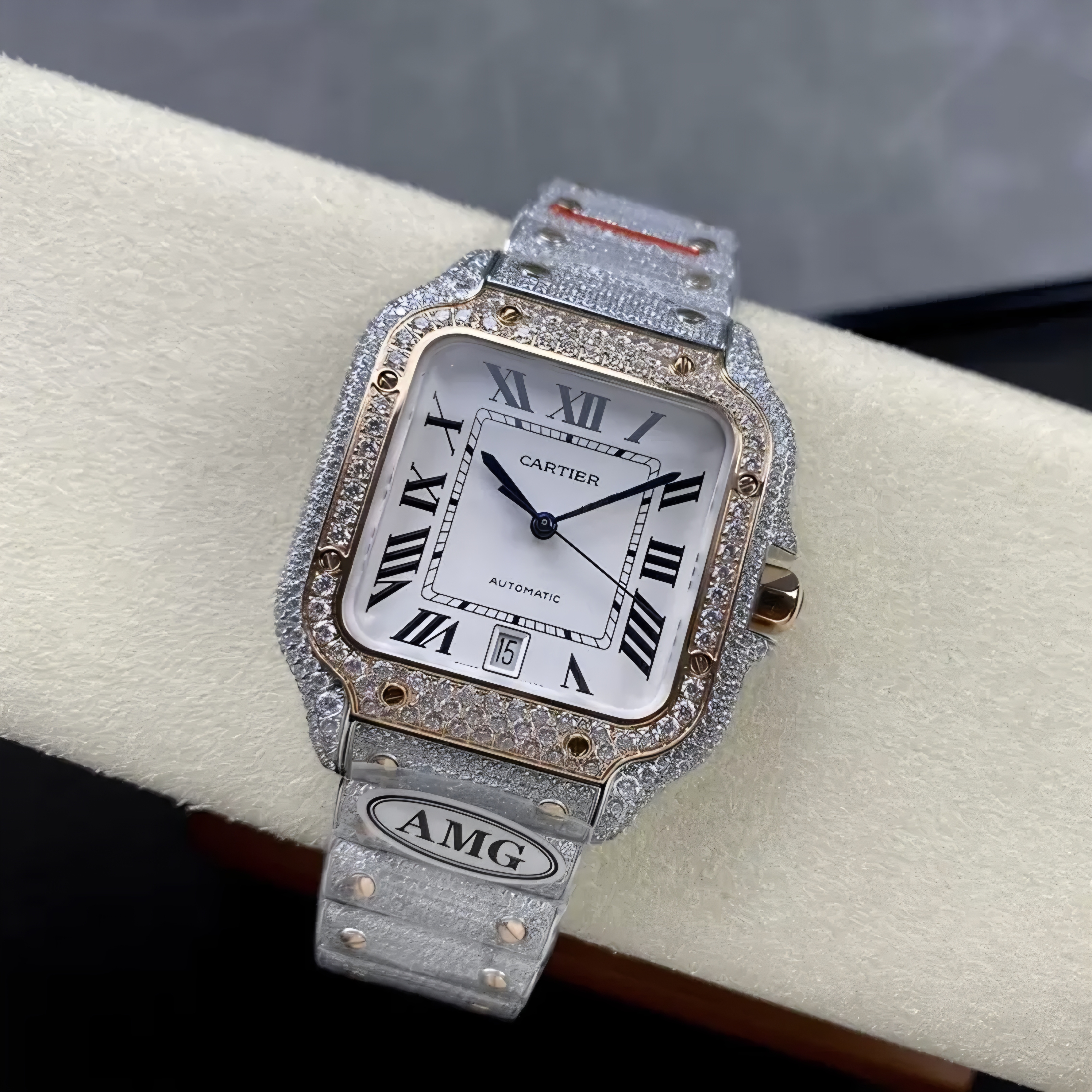 최고퀄 까르띠에 산토스 화이트 로만 다이얼 로즈 골드 콤비 파베 세팅 40mm