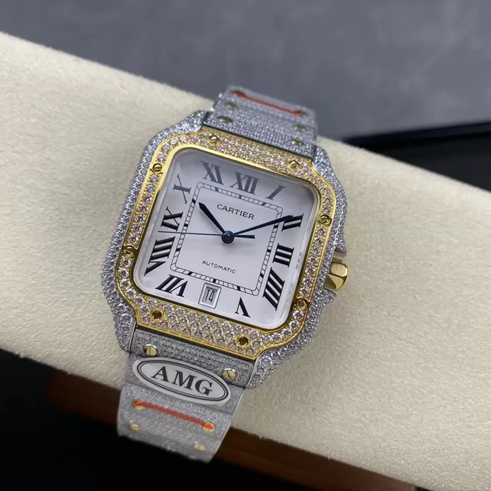 최고퀄 까르띠에 산토스 화이트 로만 다이얼 옐로우 골드 콤비 파베 세팅 40mm