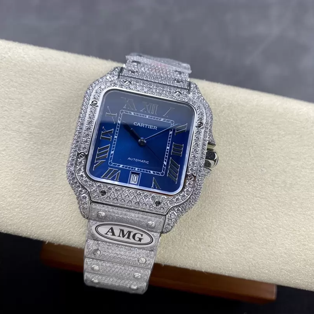 최고퀄 까르띠에 산토스 블루 로만 다이얼 화이트 골드 파베 세팅 40mm