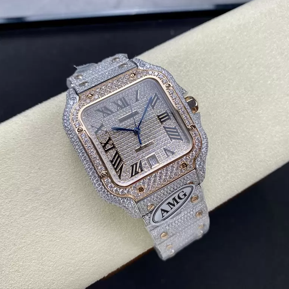 최고퀄 까르띠에 산토스 파베 로만 다이얼 로즈골드 콤비 파베 세팅 40mm